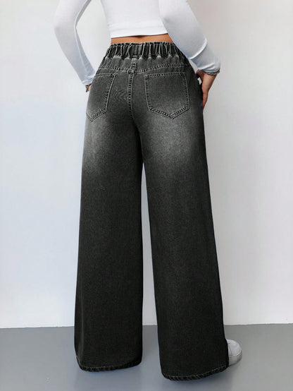 Drawstring High Waist Wide Jeans