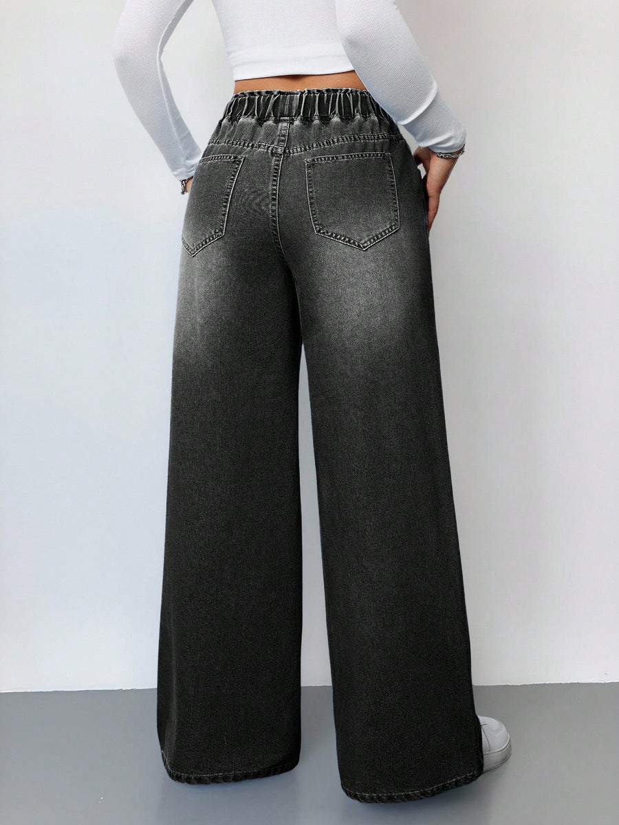 Drawstring High Waist Wide Jeans – Black Wide-Leg Jeans Back View – Glossia Fashion