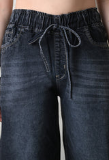 Graphite Grace Pull-On Wide-Leg – Black Wide-Leg Jeans Detail View – Glossia Fashion