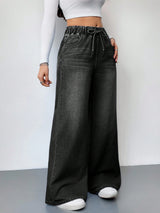 Drawstring High Waist Wide Jeans – Black Wide-Leg Jeans Model View – Glossia Fashion