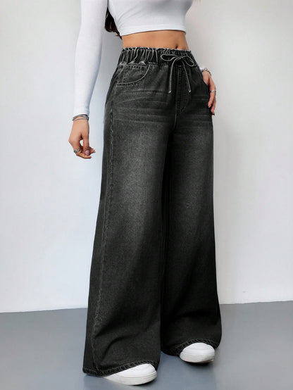Drawstring High Waist Wide Jeans