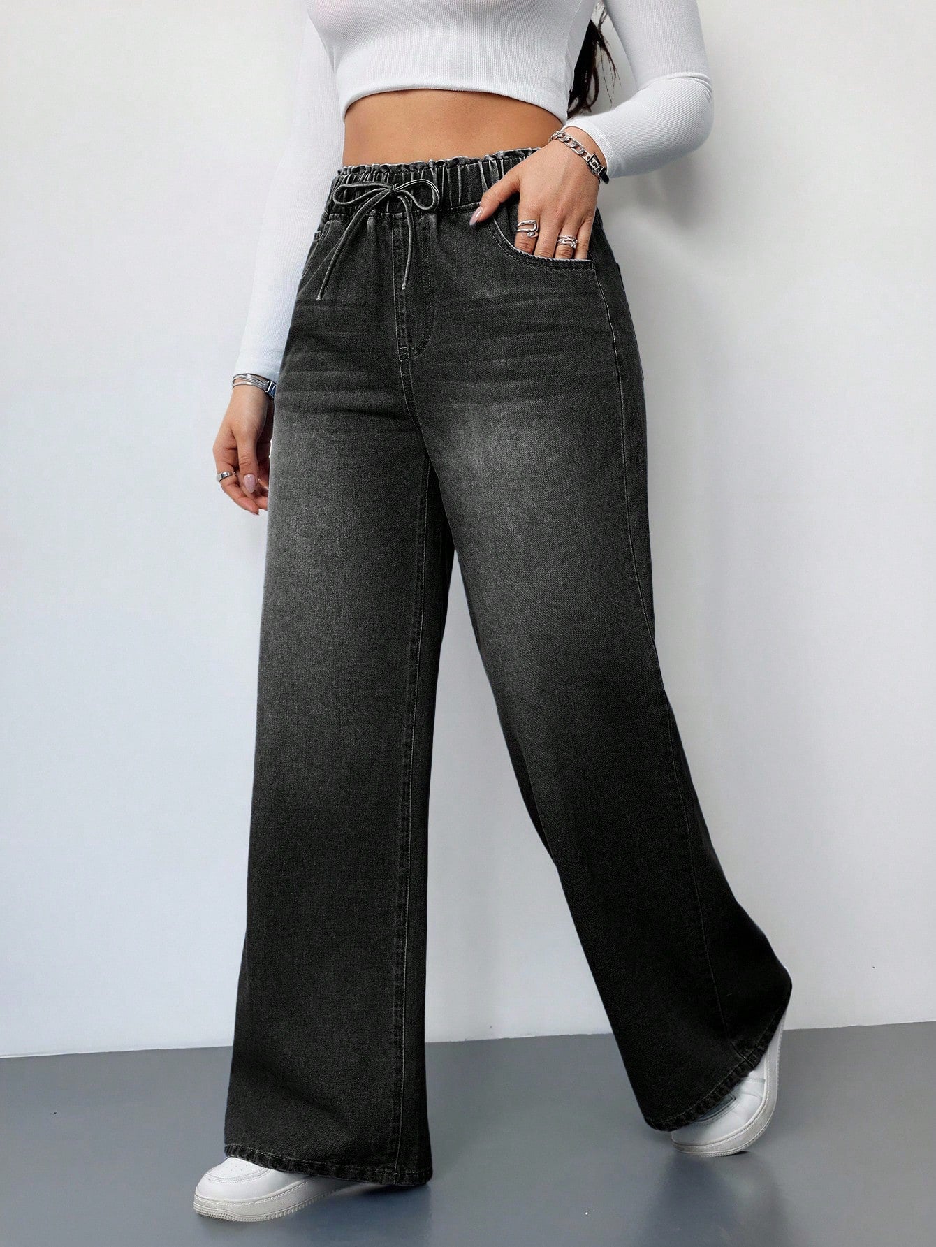 Drawstring High Waist Wide Jeans
