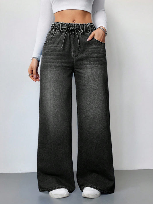 Drawstring High Waist Wide Jeans