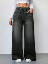 Drawstring High Waist Wide Jeans – Black Wide-Leg Jeans Style View – Glossia Fashion
