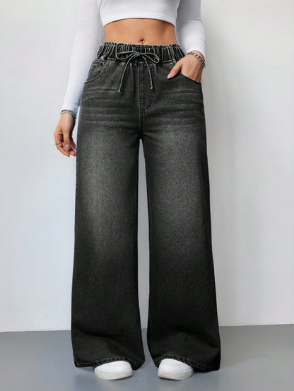 Drawstring High Waist Wide Jeans