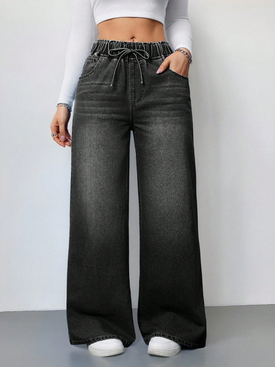 Drawstring High Waist Wide Jeans – Black Wide-Leg Jeans Style View – Glossia Fashion