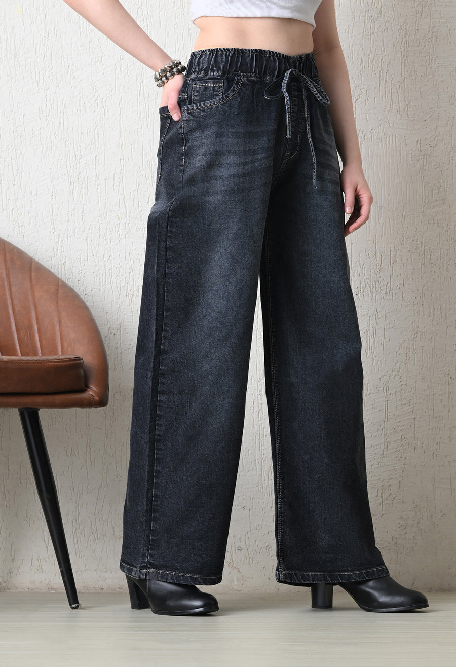 Graphite Grace Pull-On Wide-Leg – Black Wide-Leg Jeans Full Length – Glossia Fashion