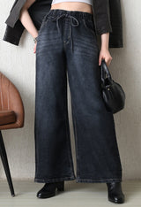 Graphite Grace Pull-On Wide-Leg – Black Wide-Leg Jeans Front View – Glossia Fashion