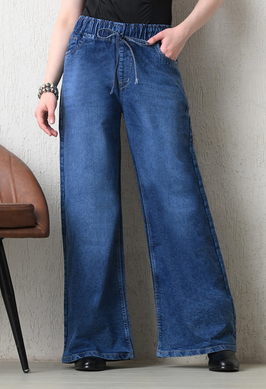 Bluewave Wide-Leg Jeans – Blue Wide-Leg Jeans Front View – Glossia Fashion