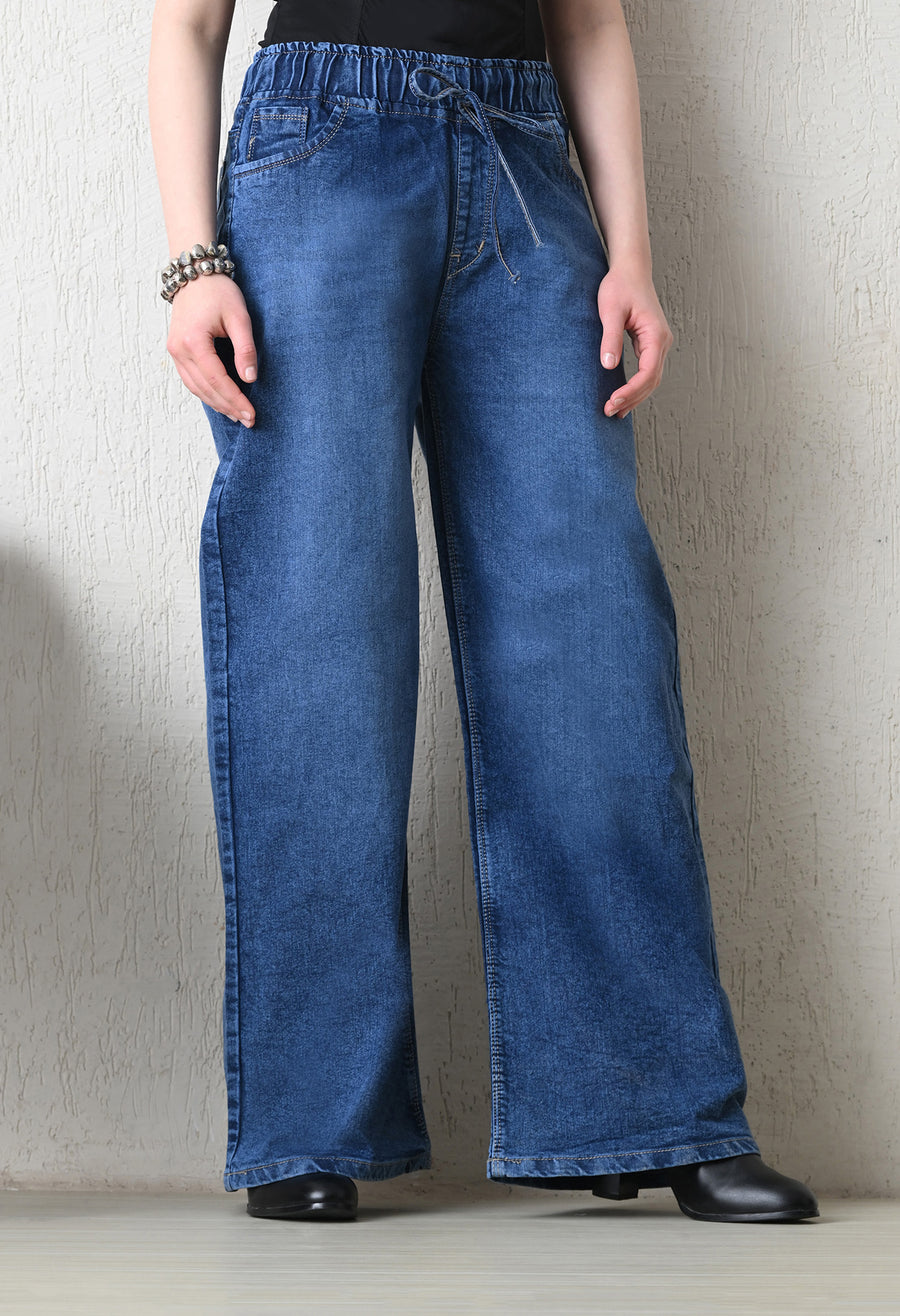 Bluewave Wide-Leg Jeans – Blue Wide-Leg Jeans Model View – Glossia Fashion