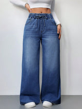 Cloud Feel High Waist Wide Denim – Blue Wide-Leg Jeans Model View – Glossia Fashion