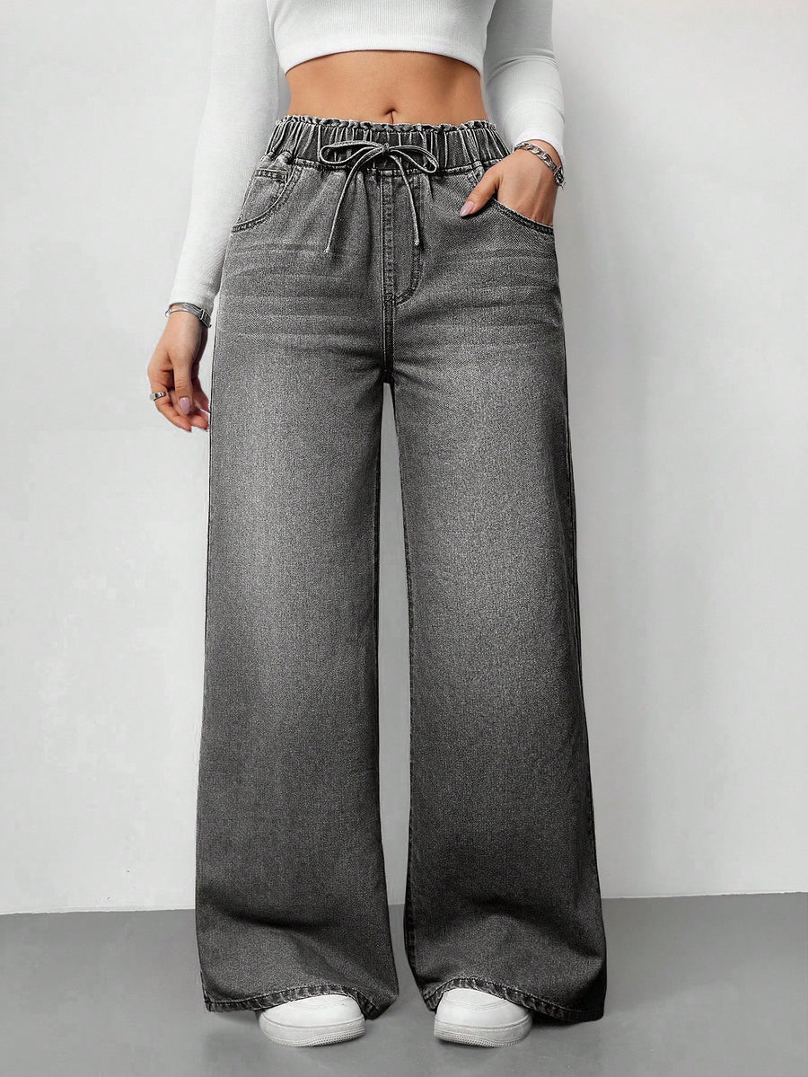Ash Drift Wide-Leg Denim – Grey Wide-Leg Jeans Front View – Glossia Fashion