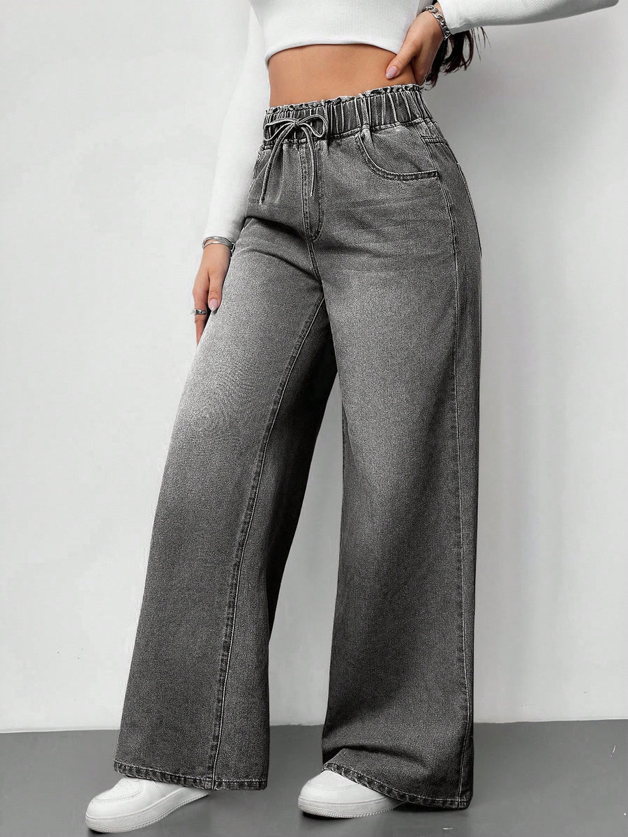 Ash Drift Wide-Leg Denim – Grey Wide-Leg Jeans Side View – Glossia Fashion