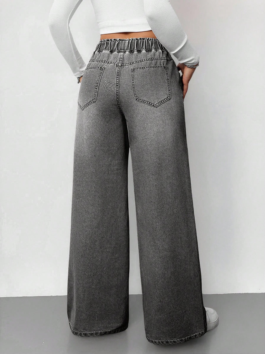 Ash Drift Wide-Leg Denim – Grey Wide-Leg Jeans Back View – Glossia Fashion