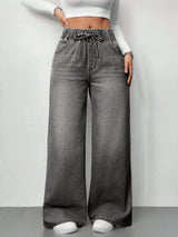 Ash Drift Wide-Leg Denim – Grey Wide-Leg Jeans Model View – Glossia Fashion