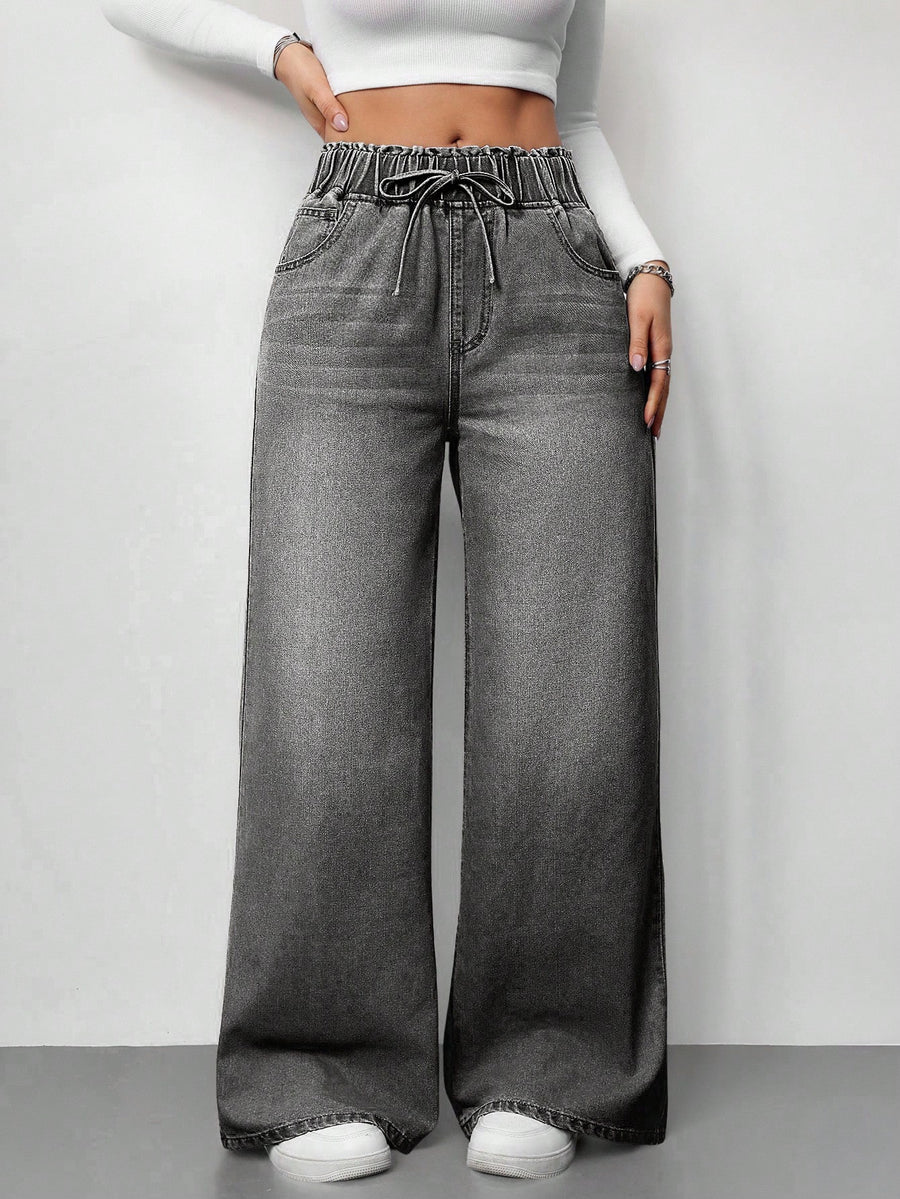 Ash Drift Wide-Leg Denim – Grey Wide-Leg Jeans Model View – Glossia Fashion