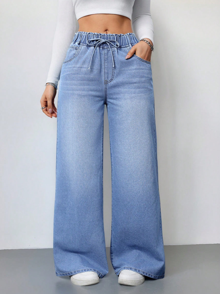 Arctic Blue Ease Wide-Leg Denim – Light Blue Wide-Leg Jeans Front View – Glossia Fashion