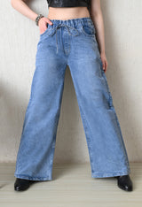 Pale Azure Pull-On Wide Jeans – Light Blue Wide-Leg Jeans Front View – Glossia Fashion
