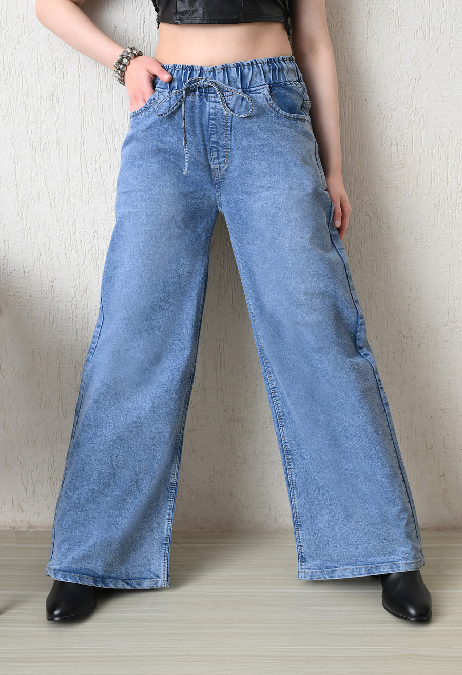 Pale Azure Pull-On Wide Jeans – Light Blue Wide-Leg Jeans Front View – Glossia Fashion