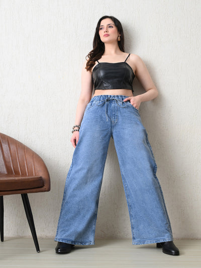 Pale Azure Pull-On Wide Jeans – Light Blue Wide-Leg Jeans – Glossia Fashion