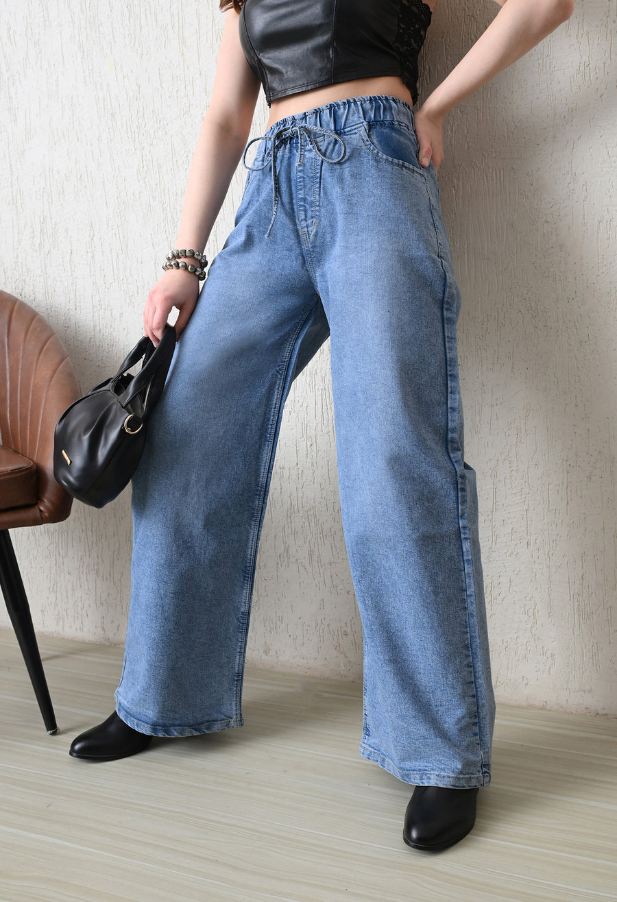 Pale Azure Pull-On Wide Jeans – Light Blue Wide-Leg Jeans Side View – Glossia Fashion