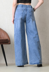 Pale Azure Pull-On Wide Jeans – Light Blue Wide-Leg Jeans Back View – Glossia Fashion