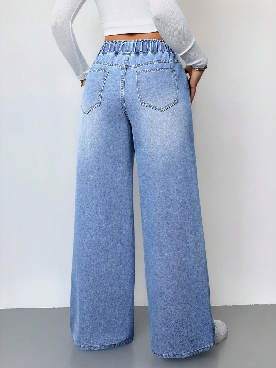 Arctic Blue Ease Wide-Leg Denim – Light Blue Wide-Leg Jeans Back View – Glossia Fashion