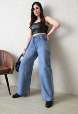 Pale Azure Pull-On Wide Jeans – Light Blue Wide-Leg Jeans Style View – Glossia Fashion