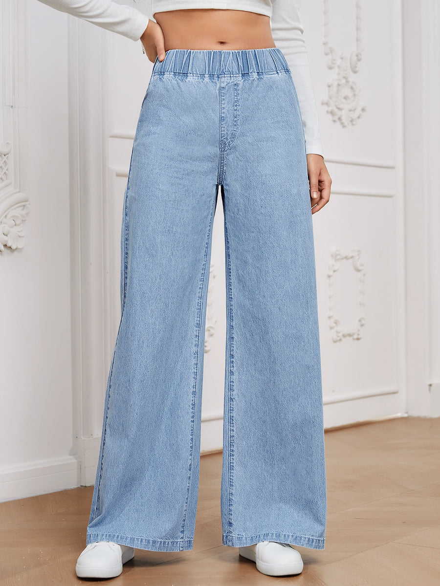 Pure Sky Pull-On Wide Denim – Light Blue Wide-Leg Jeans Front View – Glossia Fashion