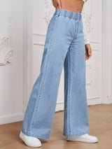 Pure Sky Pull-On Wide Denim – Light Blue Wide-Leg Jeans Back View – Glossia Fashion