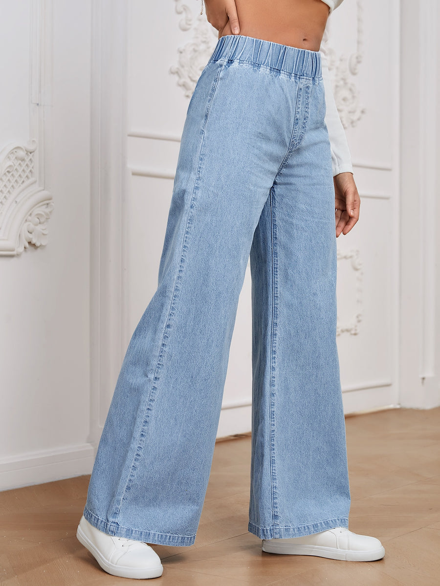 Pure Sky Pull-On Wide Denim – Light Blue Wide-Leg Jeans Back View – Glossia Fashion