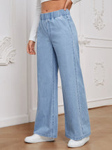 Pure Sky Pull-On Wide Denim – Light Blue Wide-Leg Jeans Detail View – Glossia Fashion