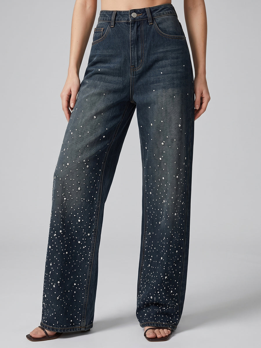 Starry Night Rhinestone Straight Jeans – Brown Blue