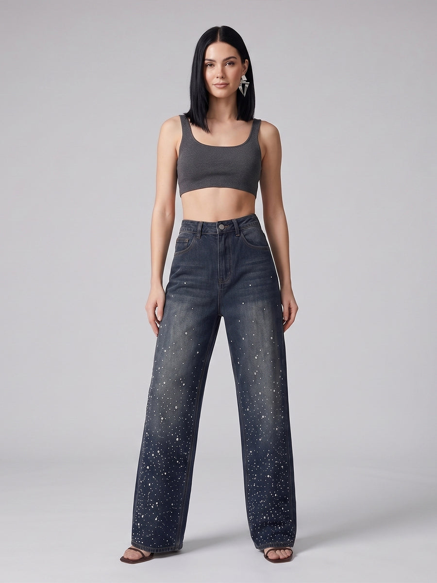 Starry Night Rhinestone Straight Jeans – Brown Blue