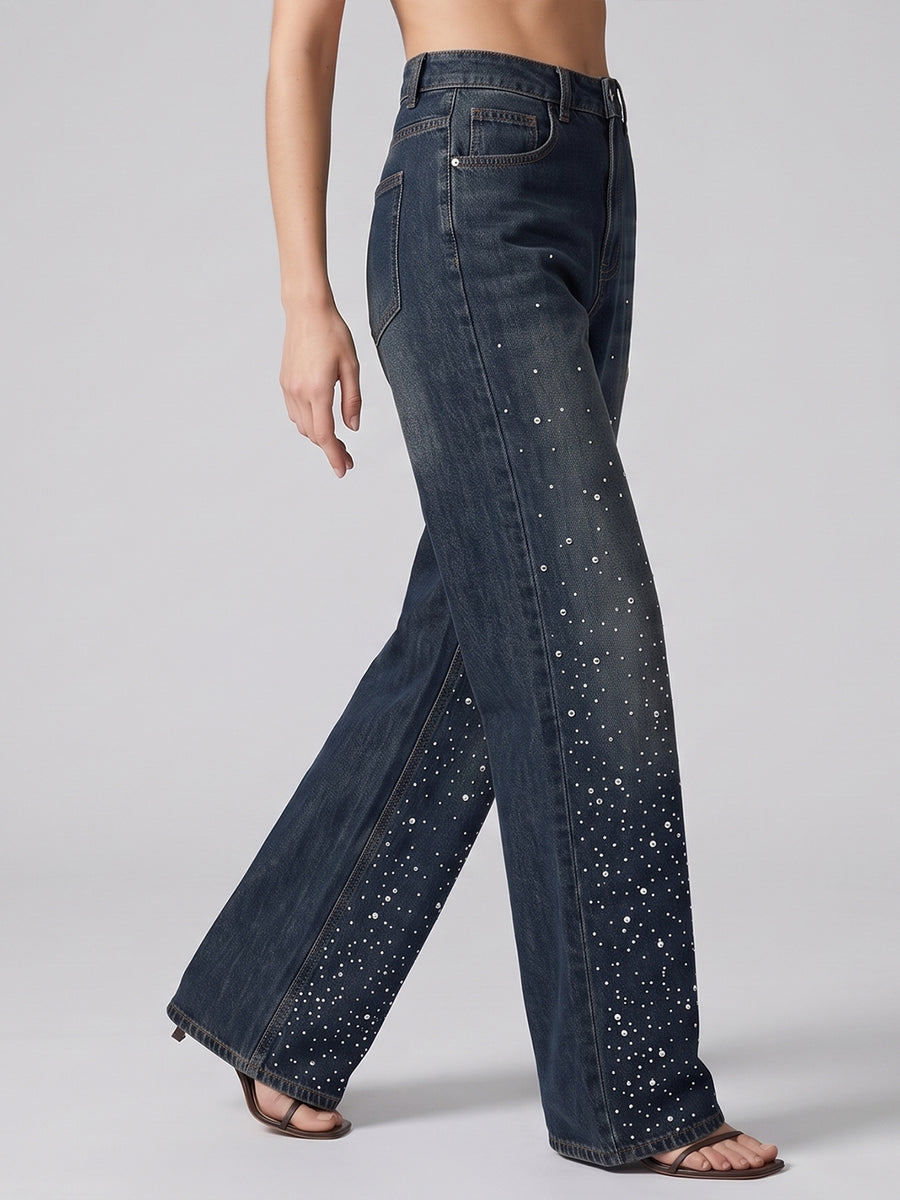 Starry Night Rhinestone Straight Jeans – Brown Blue