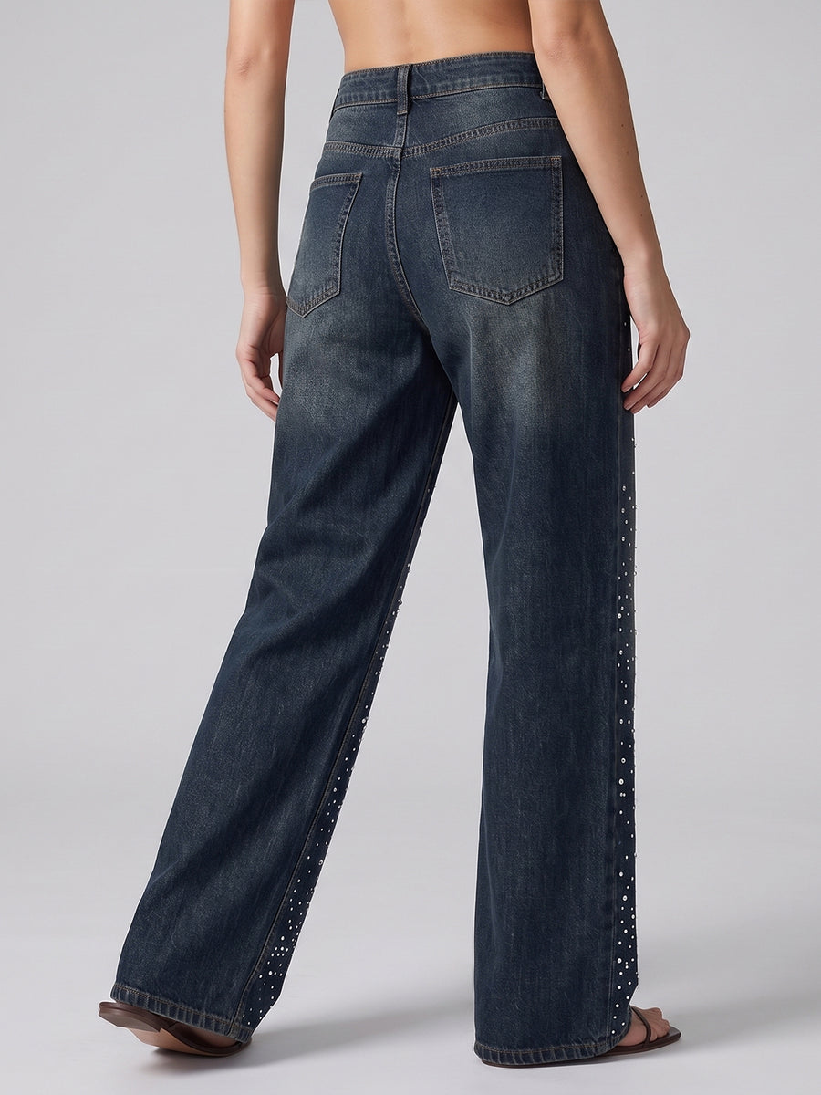 Starry Night Rhinestone Straight Jeans – Brown Blue