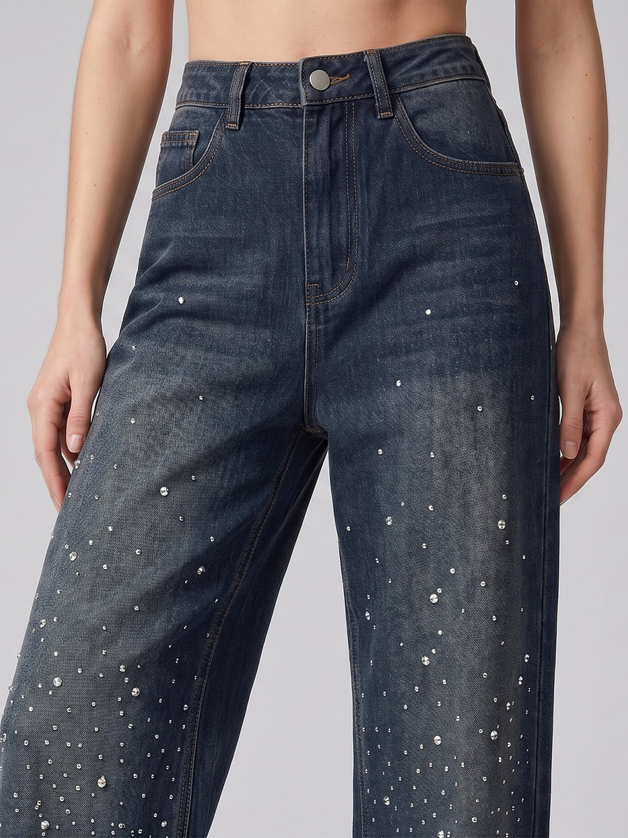 Starry Night Rhinestone Straight Jeans – Brown Blue