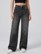 Starry Night Rhinestone Straight Jeans – Black