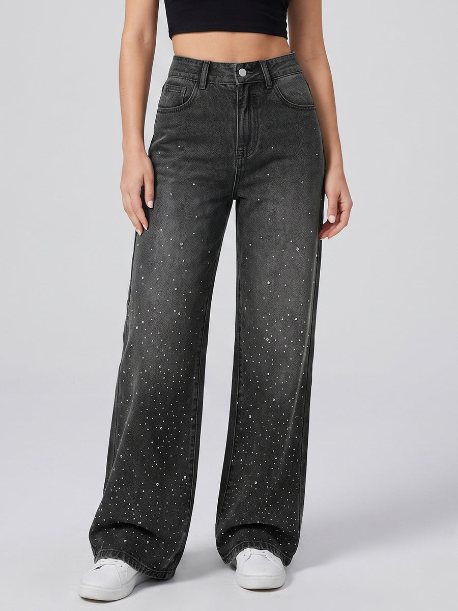 Starry Night Rhinestone Straight Jeans – Black