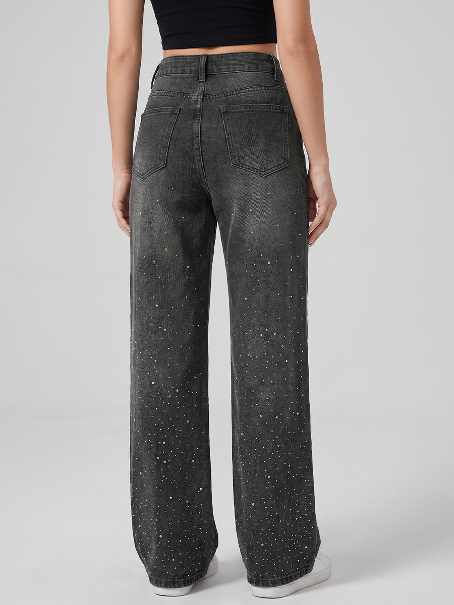 Starry Night Rhinestone Straight Jeans – Black