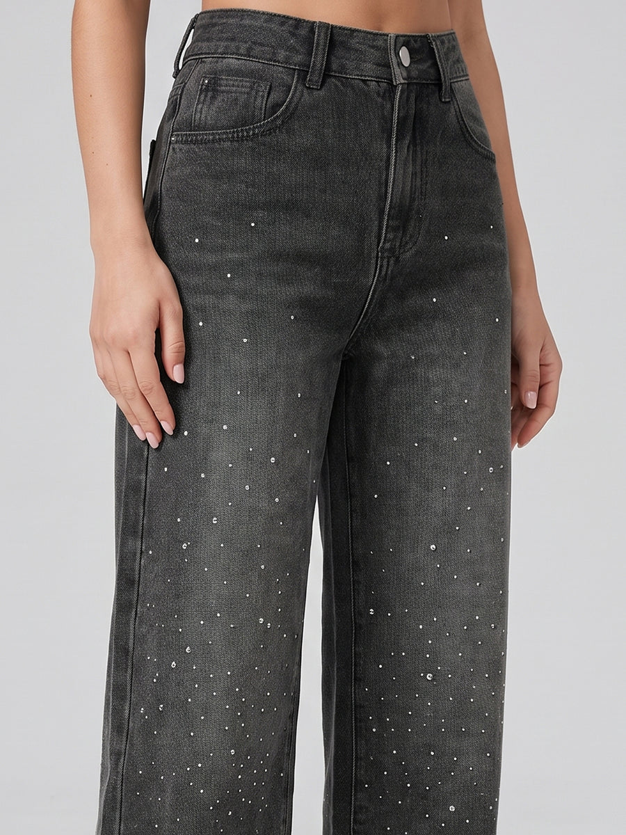 Starry Night Rhinestone Straight Jeans – Black
