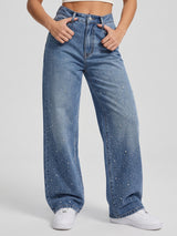 Starry Night Rhinestone Straight Jeans – Blue
