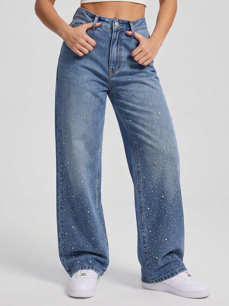 Starry Night Rhinestone Straight Jeans – Blue