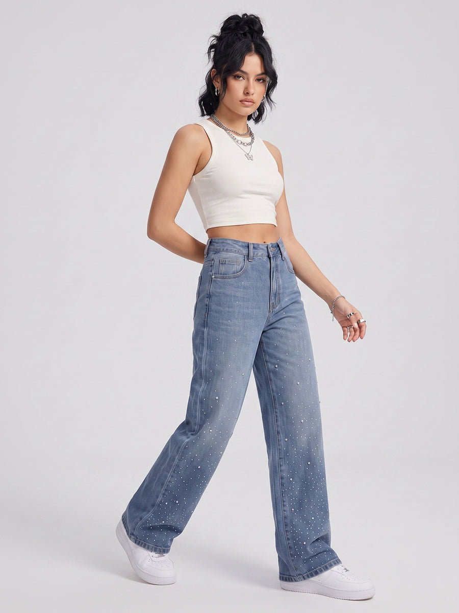 Starry Night Rhinestone Straight Jeans – Blue
