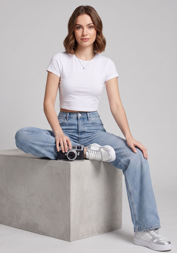 Starry Night Rhinestone Straight Jeans – Light Blue