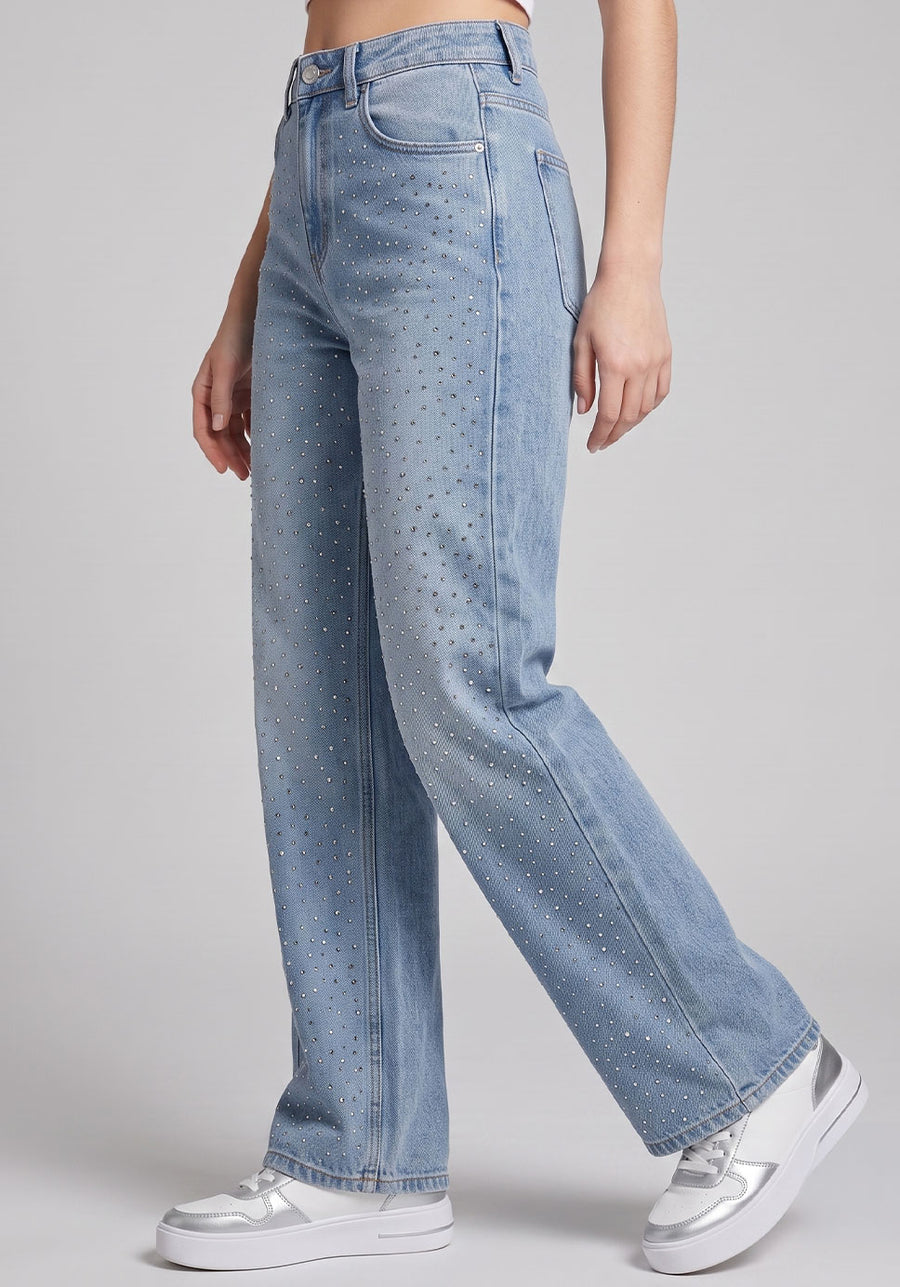Starry Night Rhinestone Straight Jeans – Light Blue