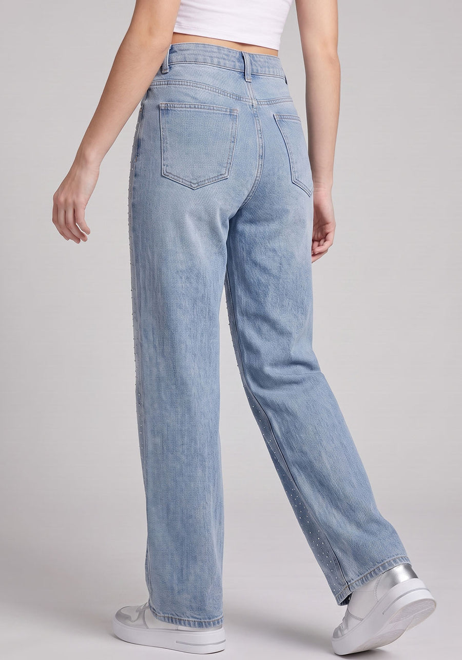 Starry Night Rhinestone Straight Jeans – Light Blue