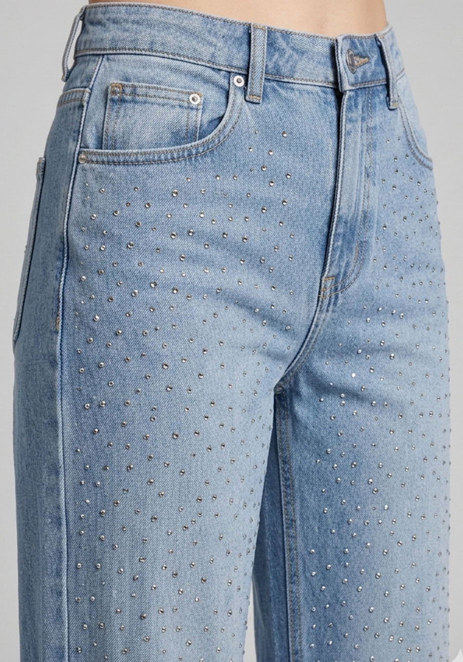 Starry Night Rhinestone Straight Jeans – Light Blue