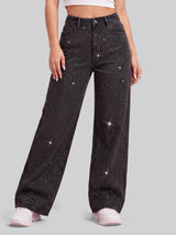 Full Glam Rhinestone Straight Jeans – Black