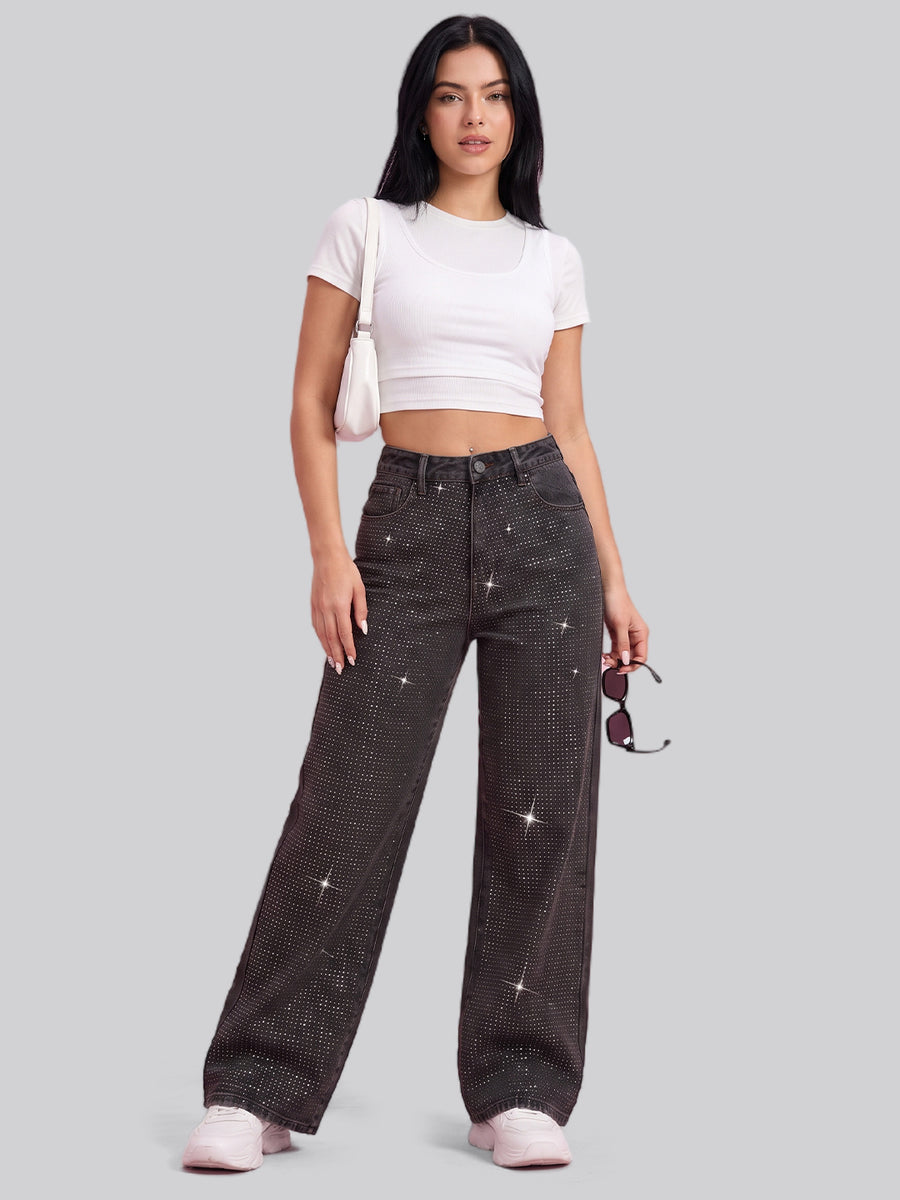 Full Glam Rhinestone Straight Jeans – Black